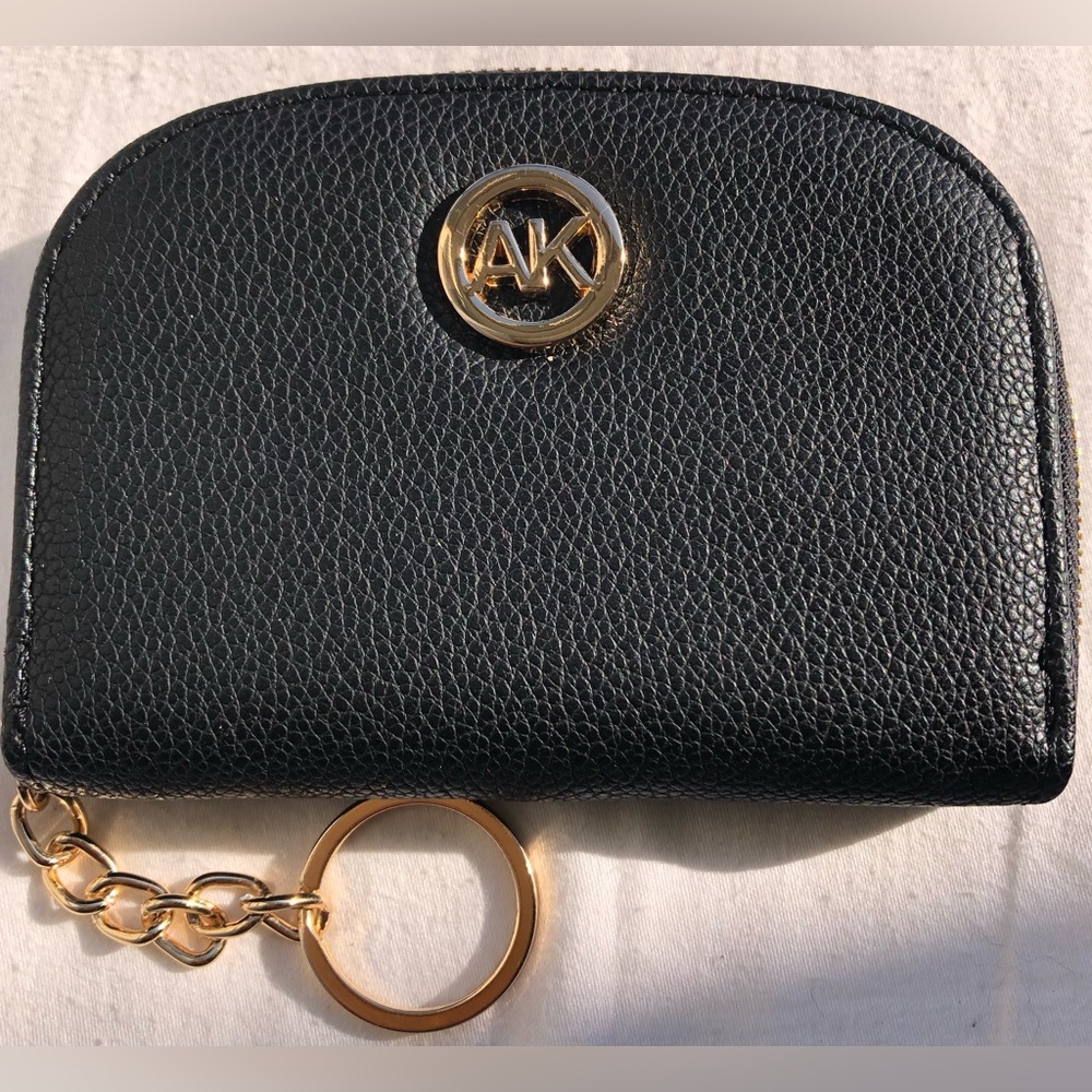 Anne Klein Black/Gold Hardware Leather Coin Purse Zip Around Card Holder Wallet.